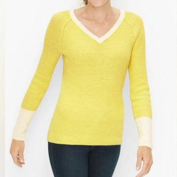 NWT Talbots V-Neck Knit Sweater, Plus Size, Yellow and White Pullover, 1X - Picture 1 of 9